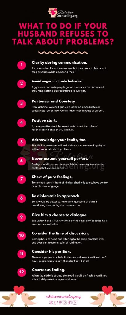 Husband refuses to talk about problems? 12 things to do now! 7 husband refuses to talk about problems - Infographic by RelationCounseling.org