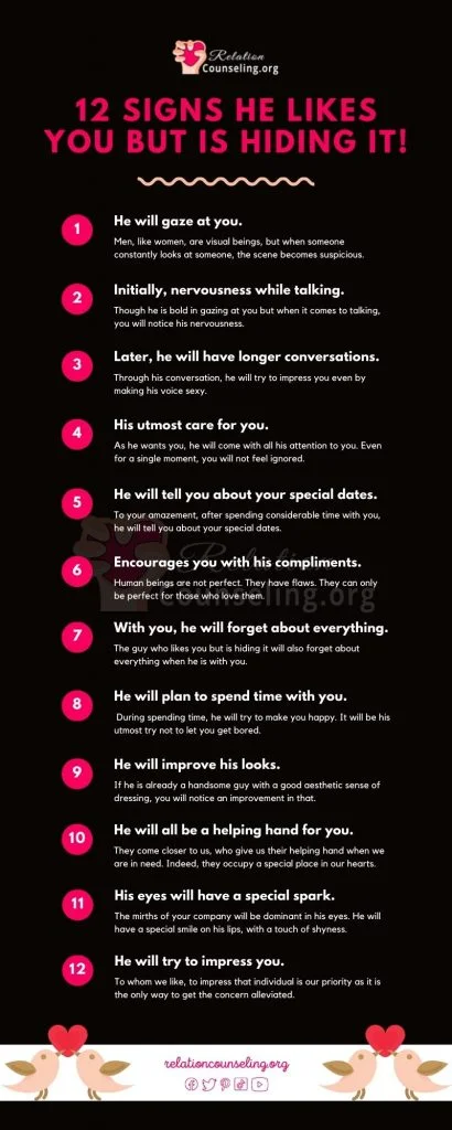 12 PROVED Signs He Likes You But is Hiding it! 15 Signs he likes you but is hiding it - Info Graph By RelationCounseling.Org