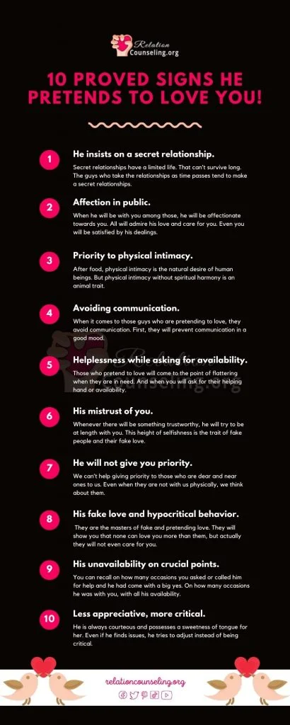 10 PROVED Signs He Pretends To Love You!! FAKE Love?? 11 Signs He Pretends To Love You - Infographic by RelationCounseling.org