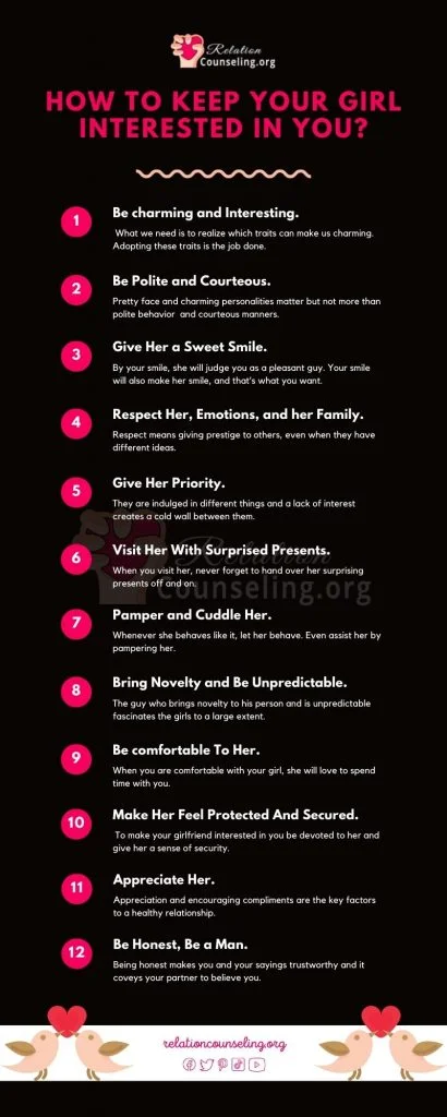How to keep your girlfriend interested in you? 12 Solid Tips 9 how to keep your girlfriend interested - Infographics by relationcounseling.org